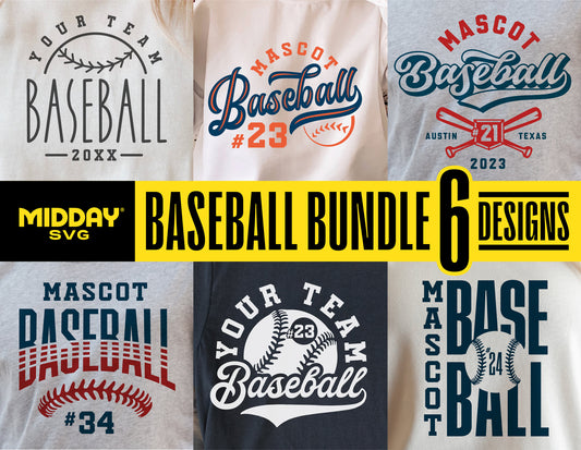 Baseball bundle SVG designs featuring team shirts with customizable mascot and team templates for Cricut and Silhouette DIY projects.