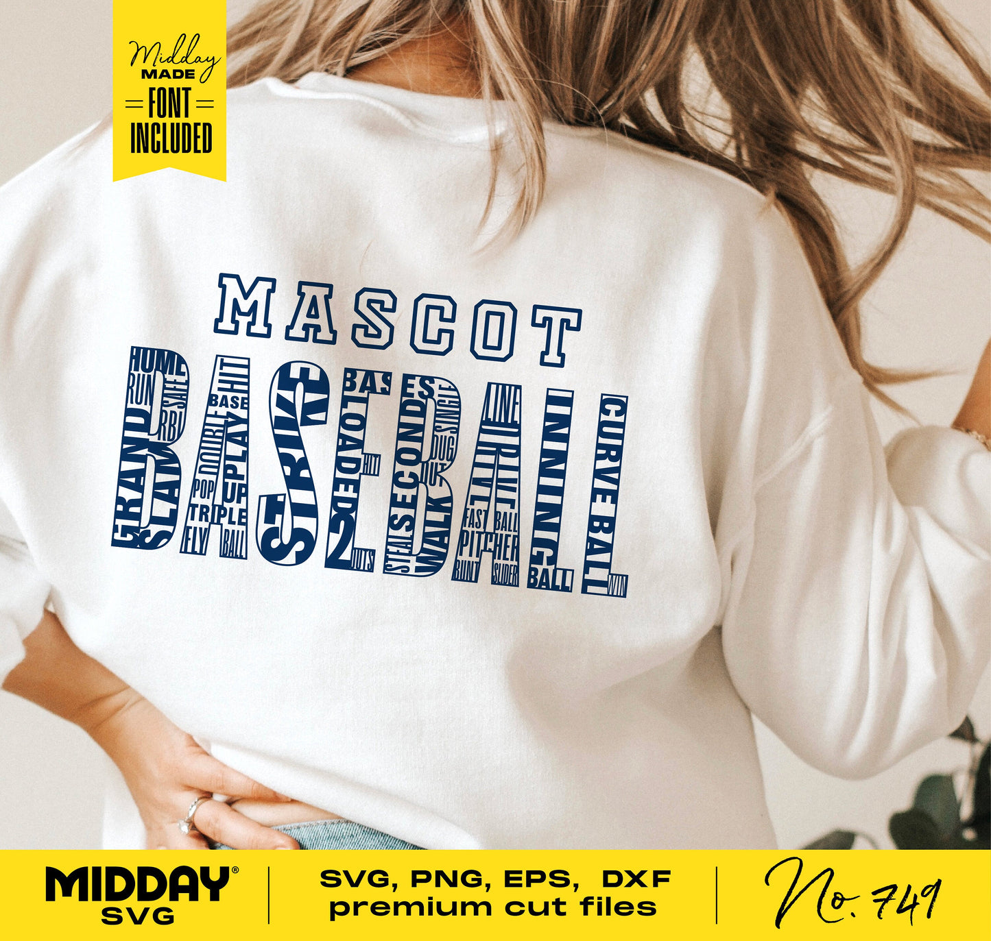 Back view of person wearing a shirt with "Mascot Baseball" word art design, providing SVG and cut files for Cricut and Silhouette crafting.