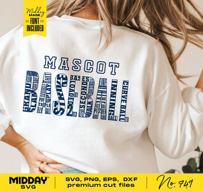 Back view of person wearing a shirt with "Mascot Baseball" word art design, providing SVG and cut files for Cricut and Silhouette crafting.