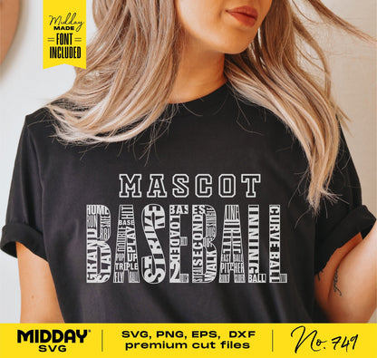 Woman wearing black t-shirt with 'Mascot Baseball' word art design. Includes SVG, PNG, EPS, DXF cut files for Cricut, Silhouette.