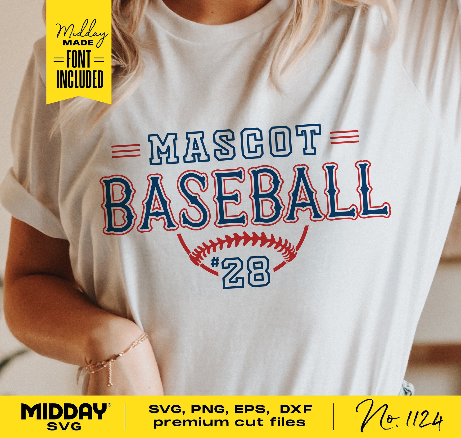 Baseball team shirt featuring 'Mascot Baseball' design with font and number 28 included, available in SVG, PNG, EPS, DXF formats.