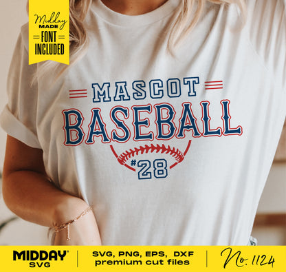 Baseball team shirt featuring 'Mascot Baseball' design with font and number 28 included, available in SVG, PNG, EPS, DXF formats.