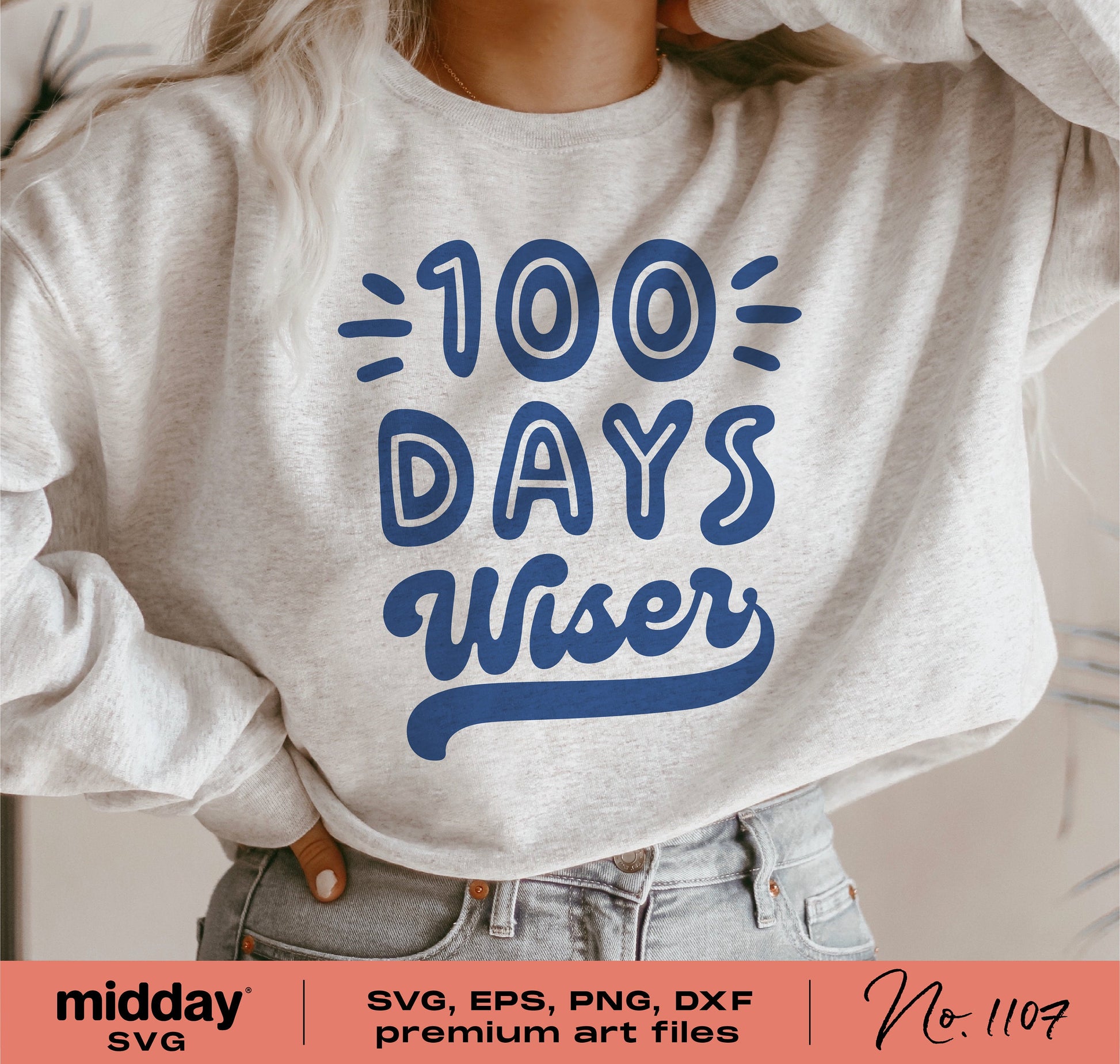 100 Days Wiser shirt design for 100th day of school, available in SVG, PNG, DXF, and EPS formats for Cricut and Silhouette.