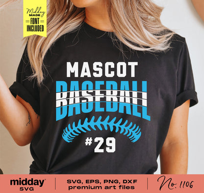 Customizable baseball team shirt with 'Mascot Baseball #29' design in SVG, PNG, EPS, DXF formats, perfect for Cricut and DIY projects.
