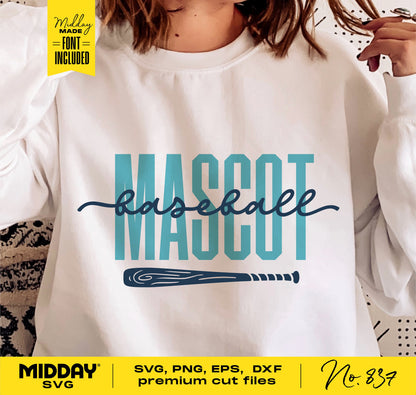 Baseball shirt design featuring 'Mascot' text with a baseball bat, suitable for Cricut and Silhouette projects, No. 837.