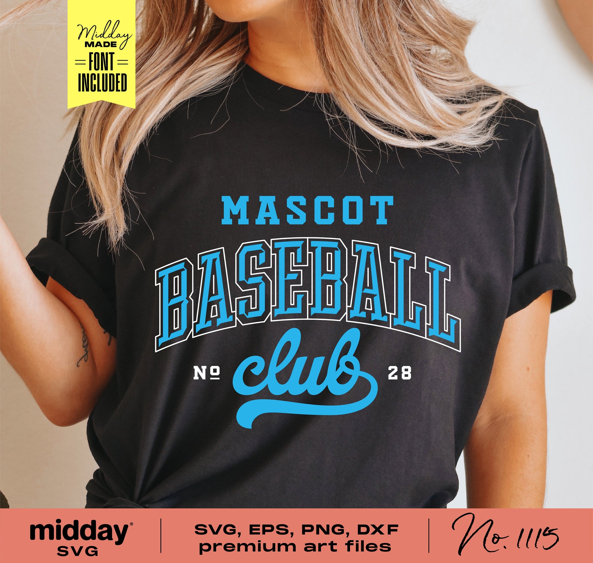 Woman wearing a t-shirt with a baseball team design in blue text, featuring "Mascot Baseball Club." Available in SVG, EPS, PNG, DXF formats.