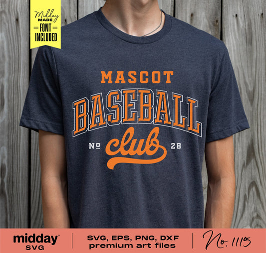 Dark gray t-shirt featuring orange 'Mascot Baseball Club' text design. Includes SVG, EPS, PNG, DXF files for crafting.