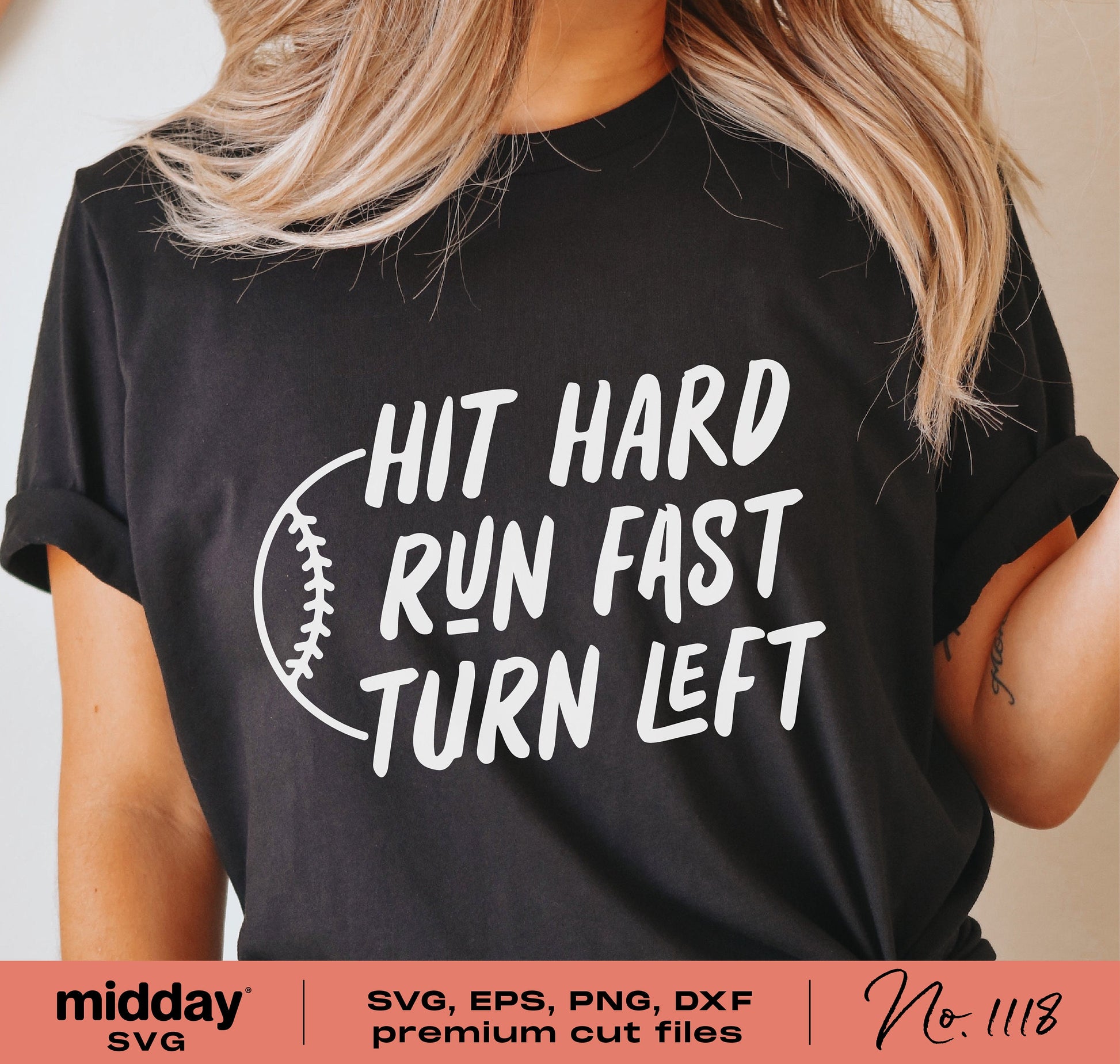 Black shirt featuring 'Hit Hard Run Fast Turn Left' softball design for Cricut cut files and sublimation.