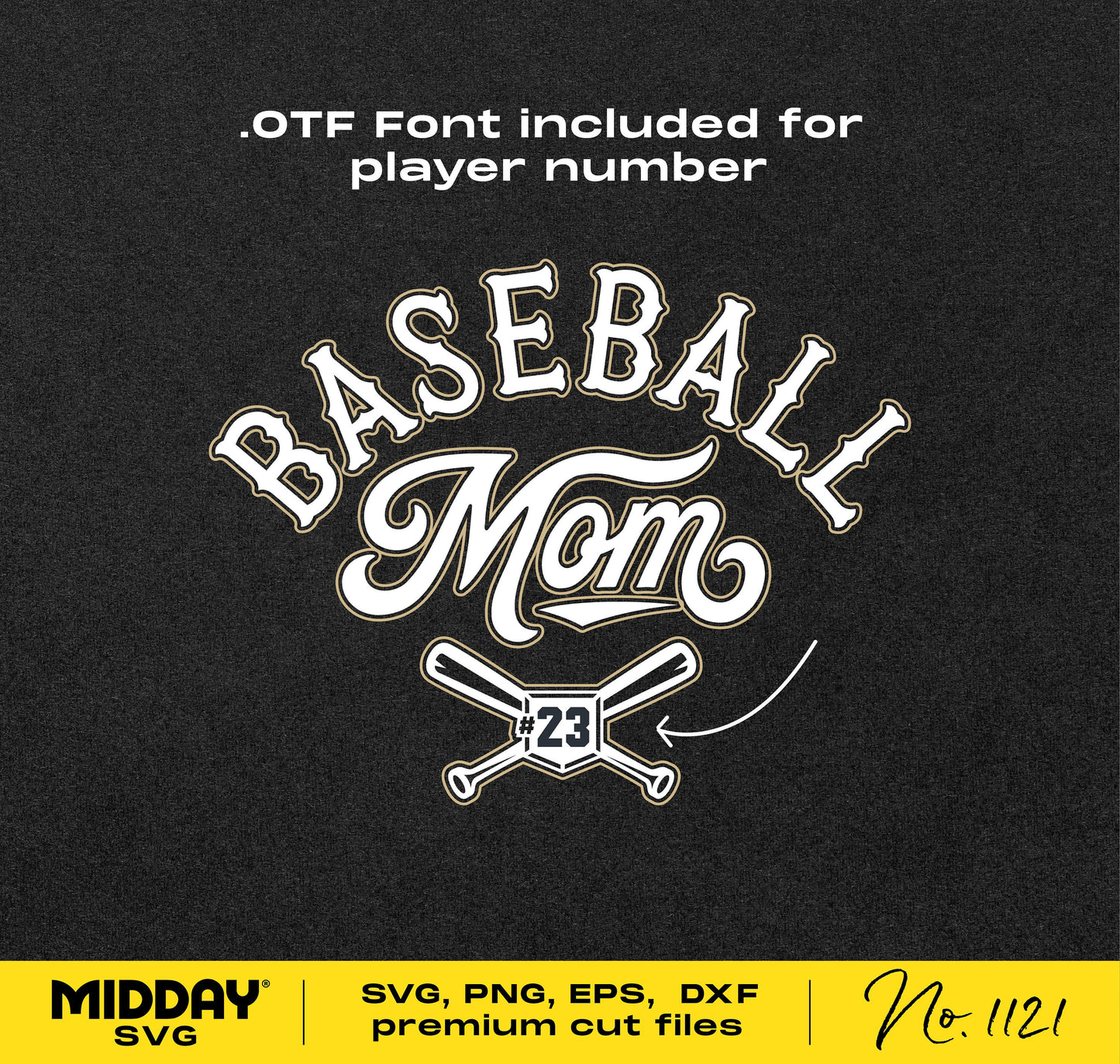 Baseball Mom SVG with player number font, includes SVG, PNG, EPS, DXF formats for Cricut and Silhouette, premium cut files.