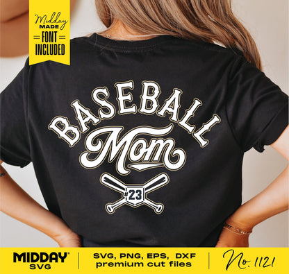 Black T-shirt with 'Baseball Mom' design and cross bats, player number 23, suitable for Cricut and Silhouette projects.