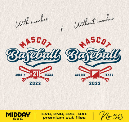 Baseball team logo design template with and without number, featuring crossed bats, customizable for Mascot Baseball team shirts.