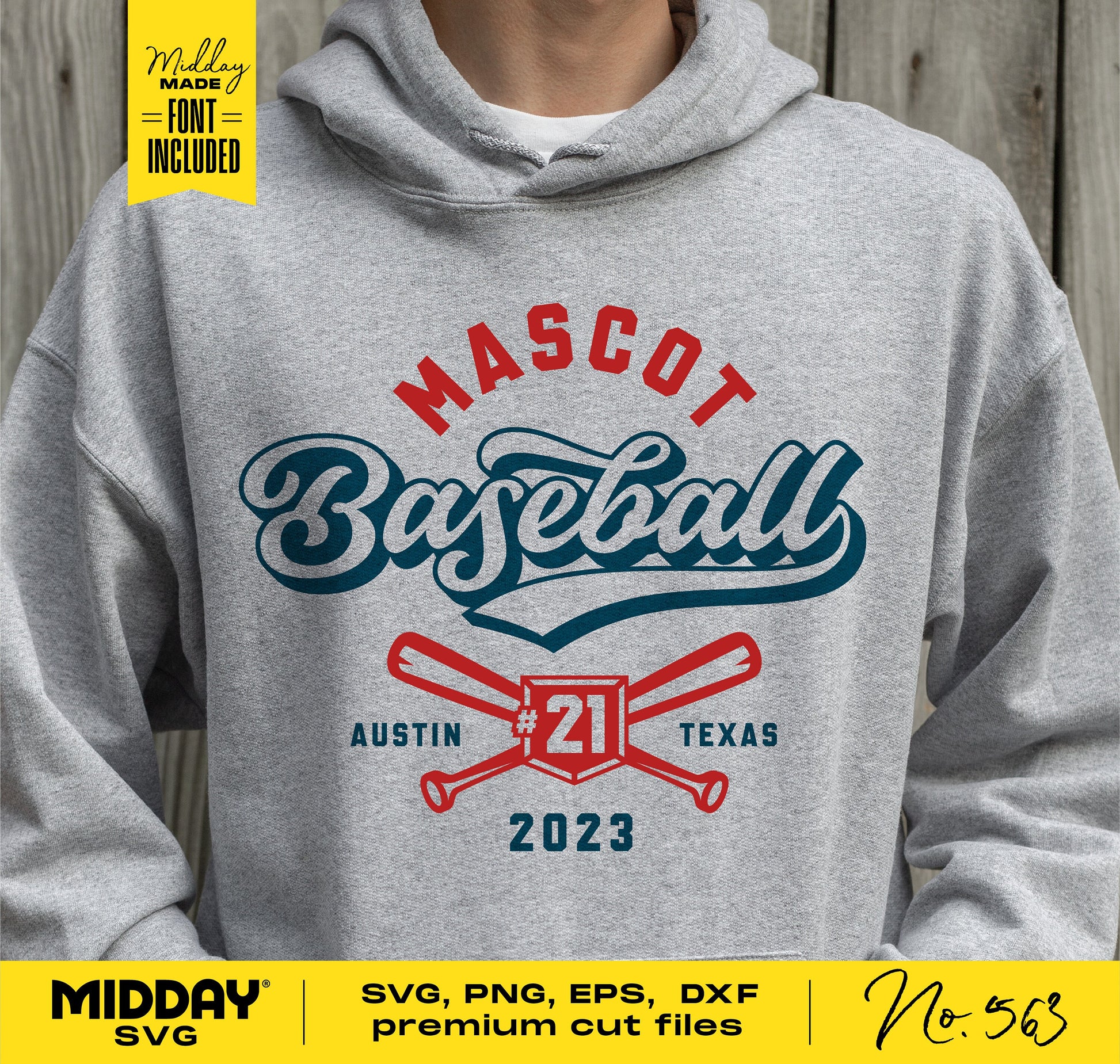 Grey hoodie with 'Mascot Baseball' design, featuring crossed bats and number 21, includes SVG, PNG, EPS, DXF files for Cricut and Silhouette.