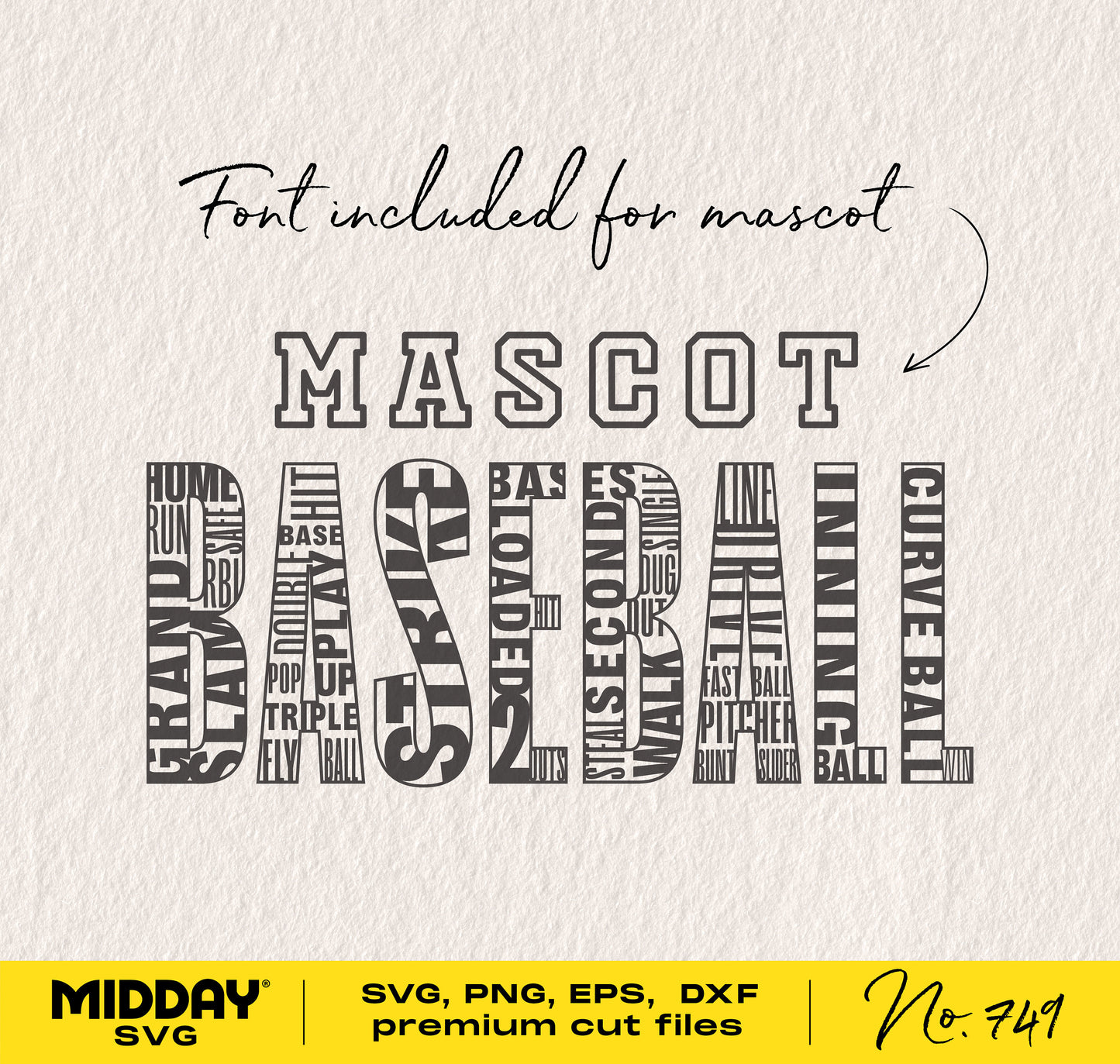 "Baseball word art design for Cricut or Silhouette, includes font, SVG, PNG, EPS, DXF formats for download, great for baseball themed crafts."