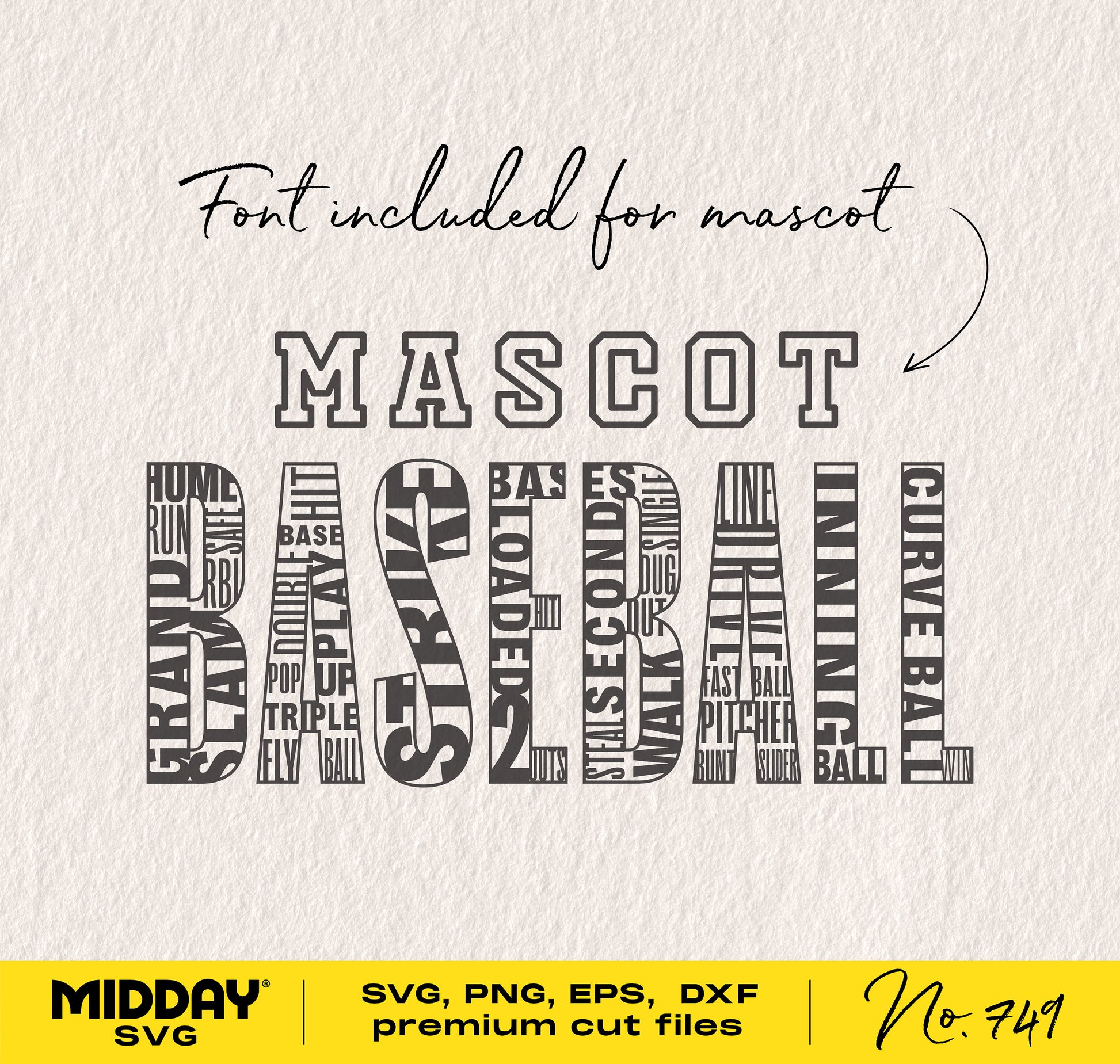 "Baseball word art design for Cricut or Silhouette, includes font, SVG, PNG, EPS, DXF formats for download, great for baseball themed crafts."