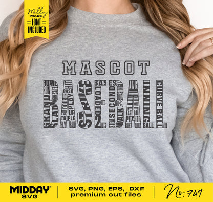 Person wearing grey sweatshirt with 'Mascot Baseball' word art design, showcasing SVG, PNG, EPS, DXF premium cut files.