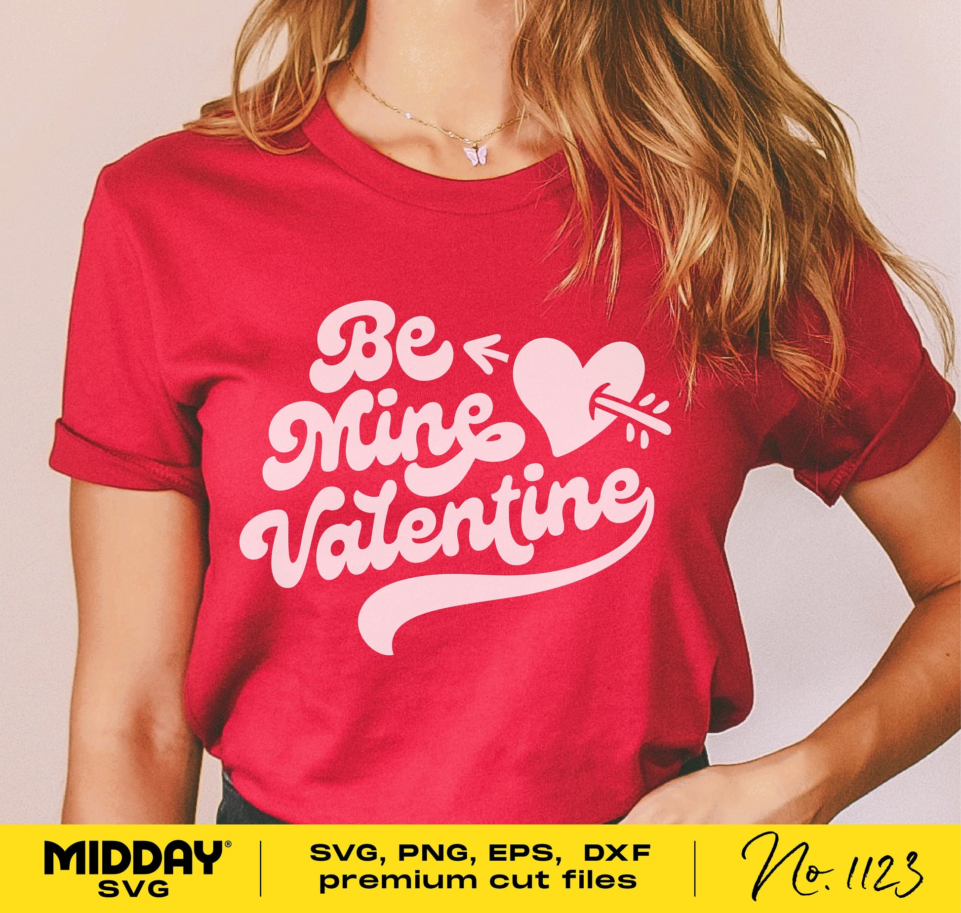 Red Valentine's Day shirt with 'Be Mine Valentine' text and heart with arrow design, suitable for Cricut and Silhouette crafting.
