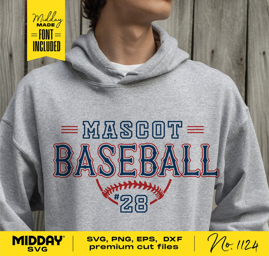 Person wearing gray hoodie with Mascot Baseball SVG design, font included. Ideal for team shirts, Cricut, and Silhouette projects.