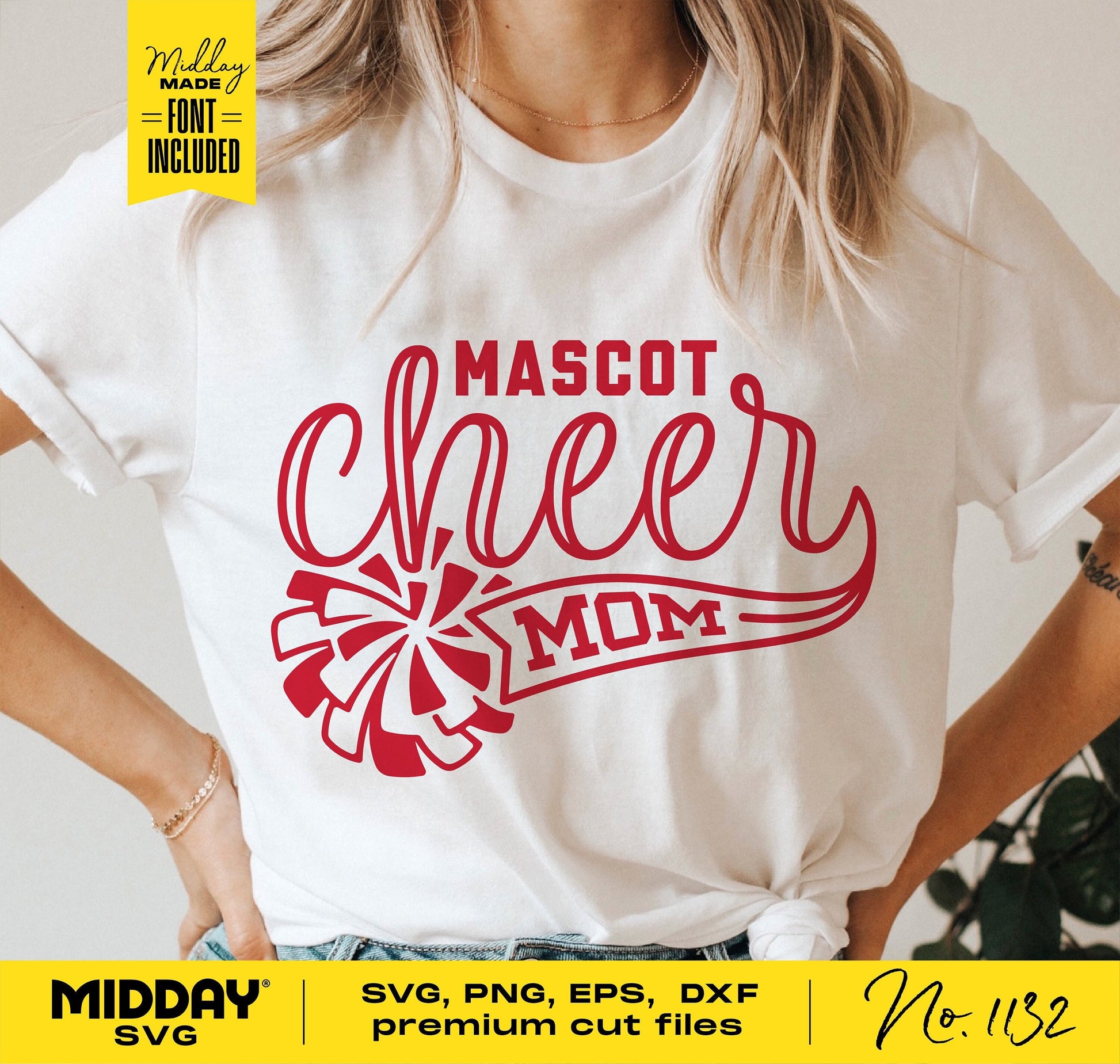 Cheer mom t-shirt design with red 'Mascot Cheer Mom' text, featuring pom-pom graphic, for Cricut and Silhouette cutting machines.