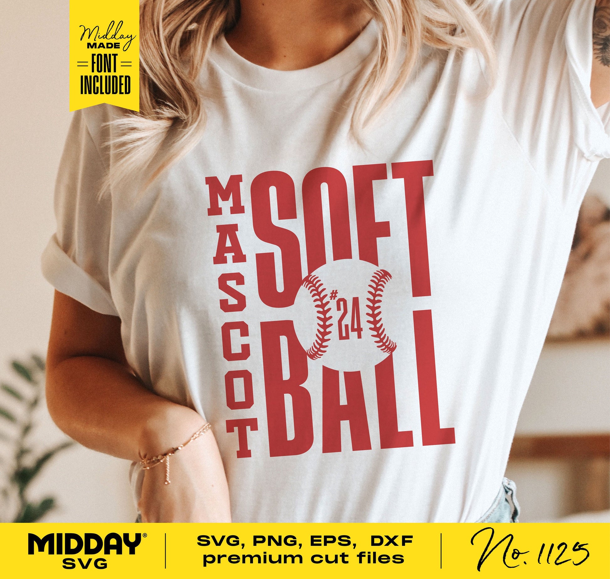 Woman wearing a white T-shirt with a red softball team design, including SVG, PNG, EPS, DXF files. Template for DIY shirt and tumbler crafts.