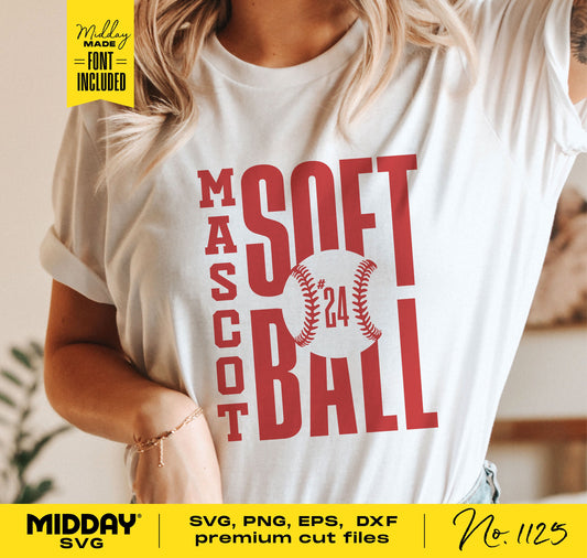 Woman wearing a white T-shirt with a red softball team design, including SVG, PNG, EPS, DXF files. Template for DIY shirt and tumbler crafts.