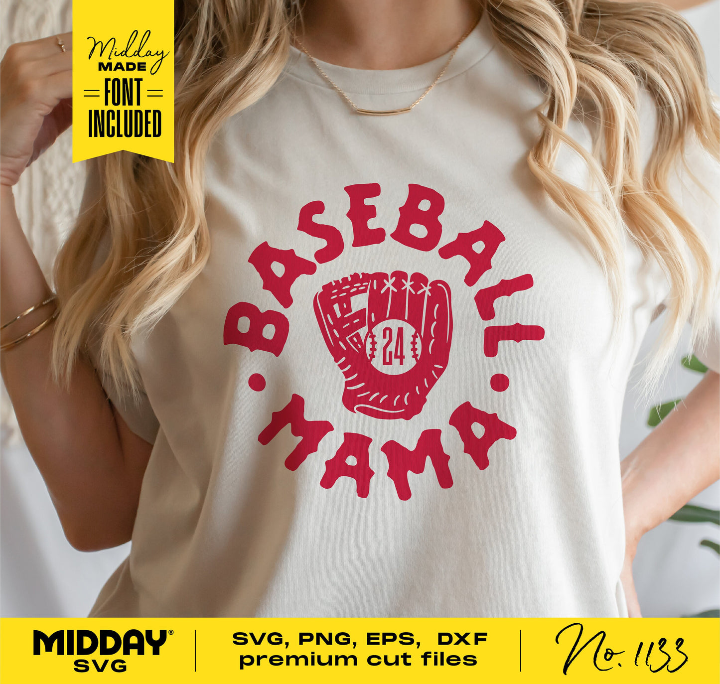 Woman wearing a t-shirt with 'Baseball Mama' SVG design featuring a baseball glove and player number, suitable for Cricut and Silhouette.