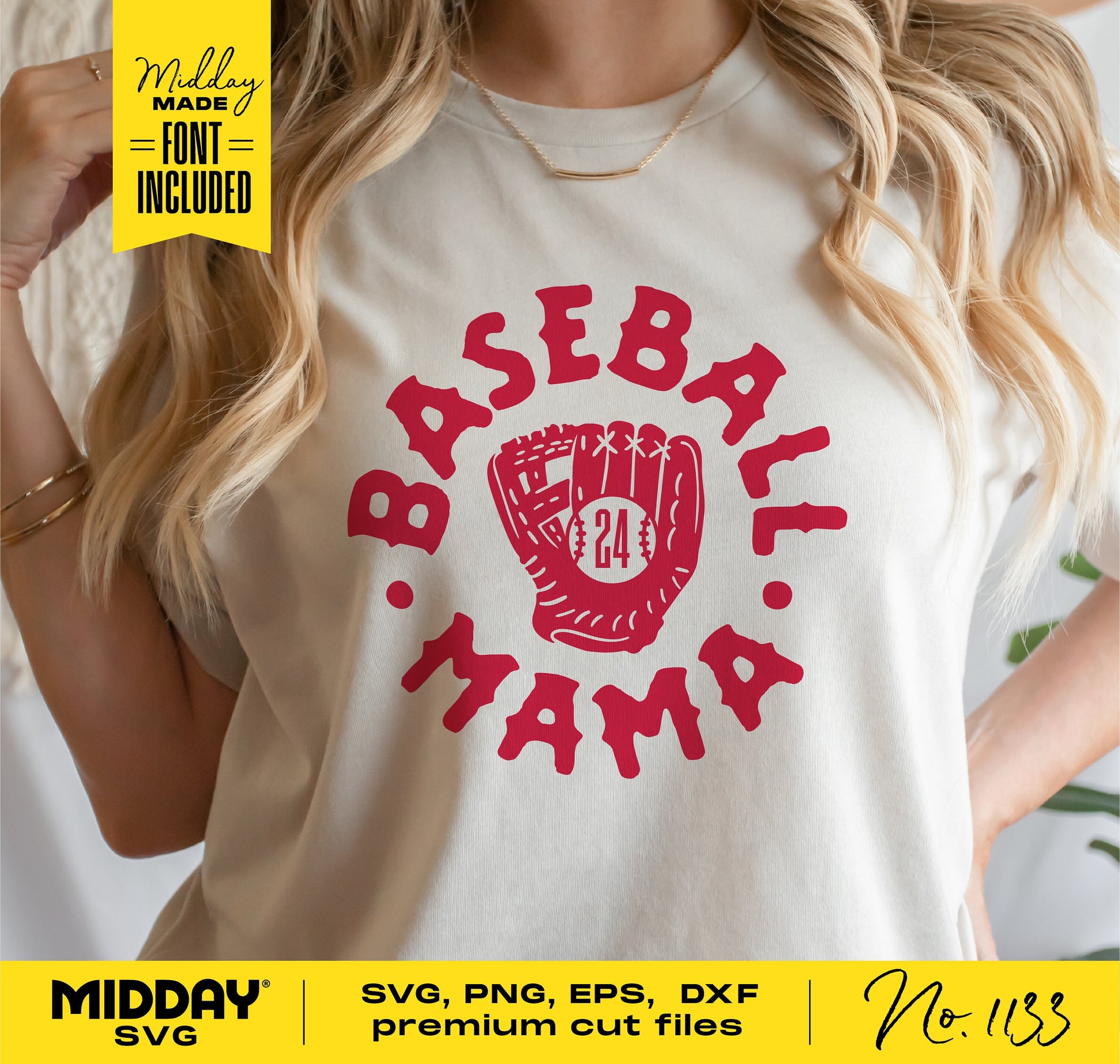 Woman wearing a t-shirt with 'Baseball Mama' SVG design featuring a baseball glove and player number, suitable for Cricut and Silhouette.
