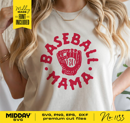 Woman wearing a t-shirt with 'Baseball Mama' SVG design featuring a baseball glove and player number, suitable for Cricut and Silhouette.