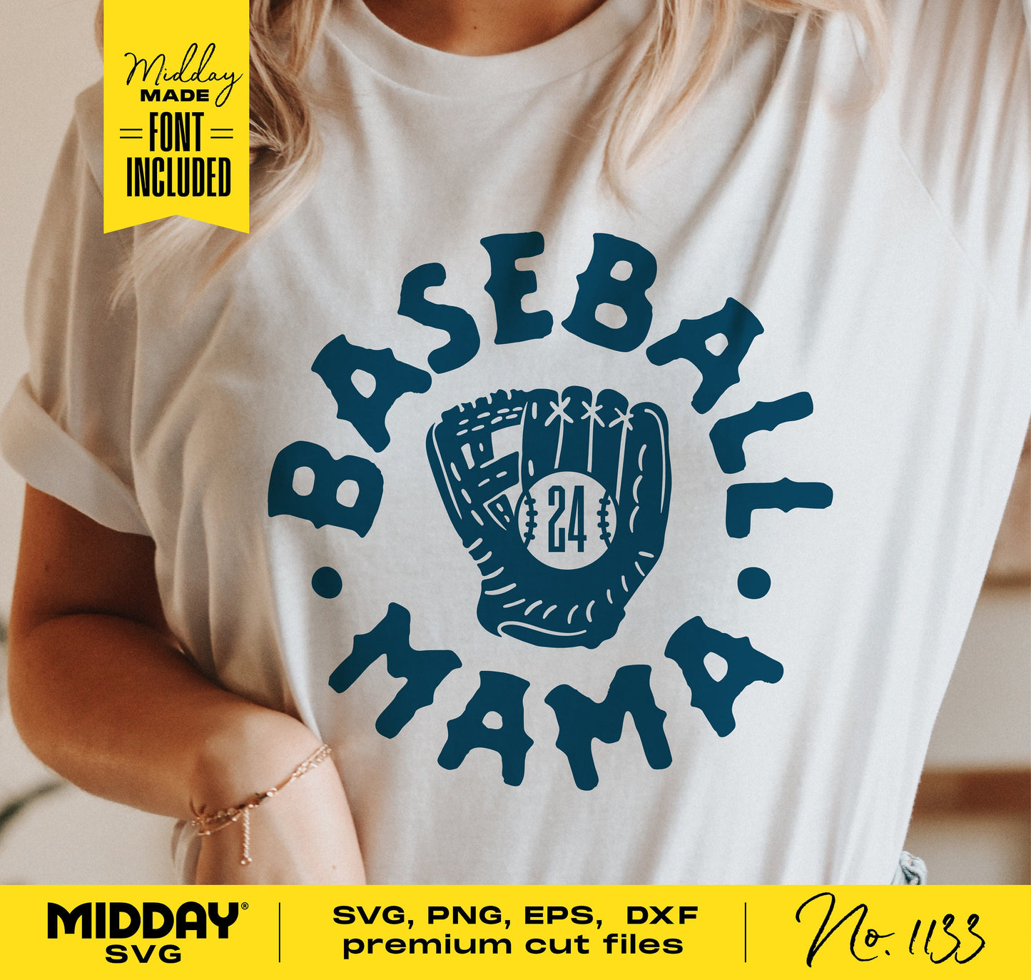 "Baseball Mama" SVG design on shirt with glove and player number, Cricut cut file for DIY projects, suitable for Silhouette sublimation.