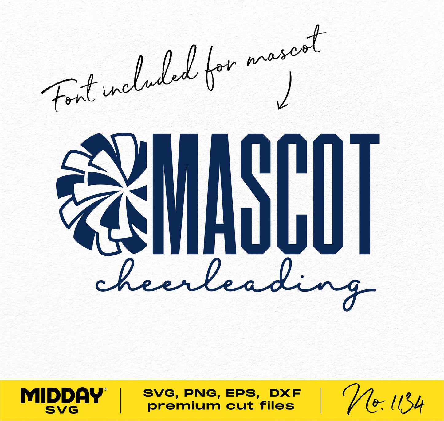Cheerleading 'Mascot' design with included font, featuring pom-pom graphic and 'Midday SVG' branding, suitable for SVG, PNG, EPS, DXF formats.