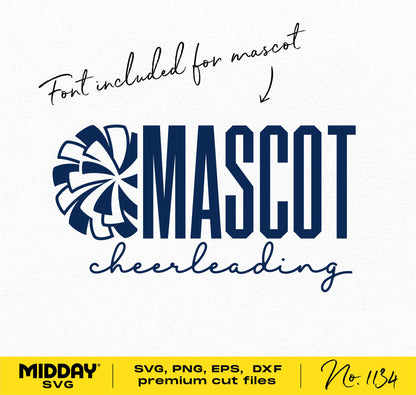 Cheerleading 'Mascot' design with included font, featuring pom-pom graphic and 'Midday SVG' branding, suitable for SVG, PNG, EPS, DXF formats.