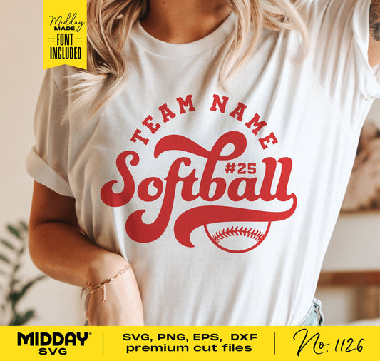 Woman wearing retro style softball team shirt with custom name and number design, ideal for Cricut and Silhouette projects.
