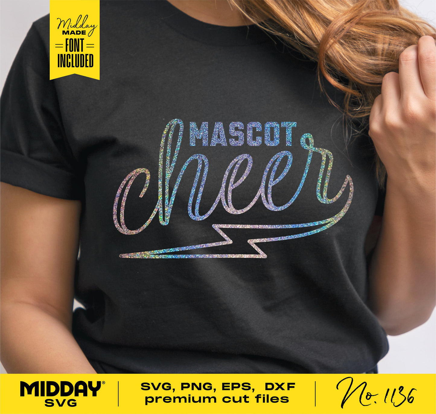 Black t-shirt with holographic 'Mascot Cheer' and lightning bolt design, Cheer SVG PNG template for Cricut and Silhouette.