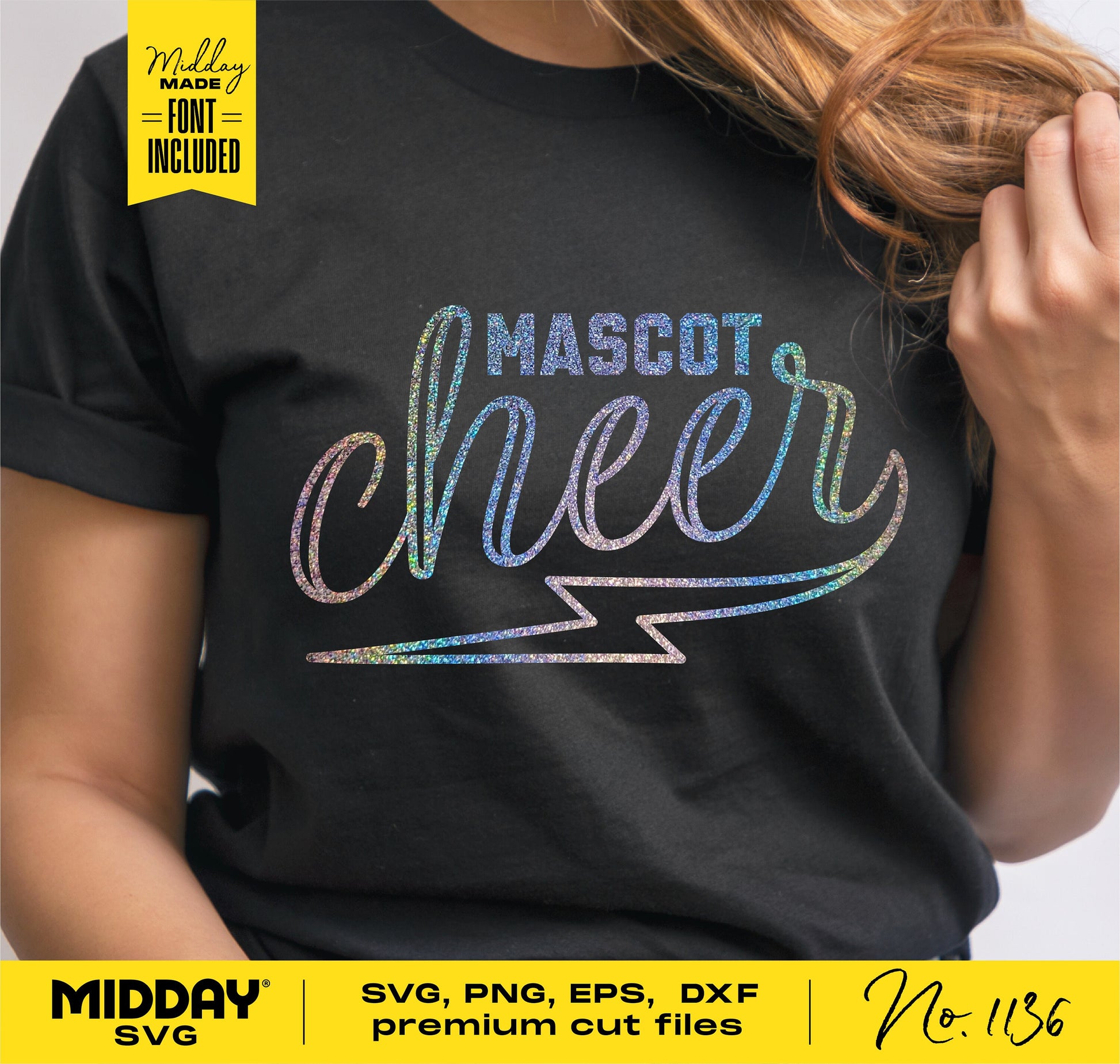 Black t-shirt with holographic 'Mascot Cheer' and lightning bolt design, Cheer SVG PNG template for Cricut and Silhouette.