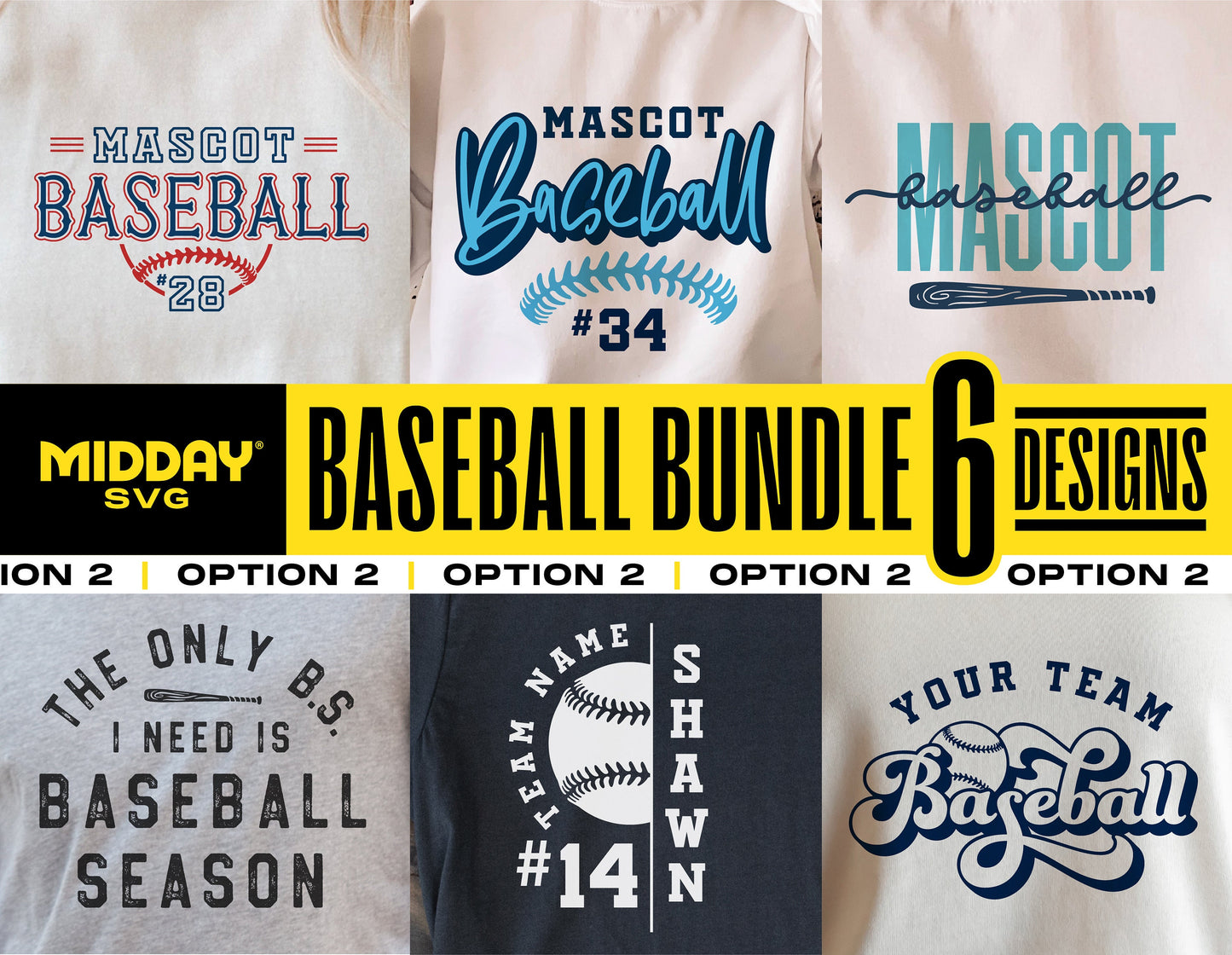 Baseball bundle SVG designs featuring team templates, logos, and shirts with options for Cricut and Silhouette.