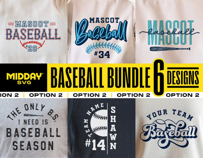 Baseball bundle SVG designs featuring team templates, logos, and shirts with options for Cricut and Silhouette.
