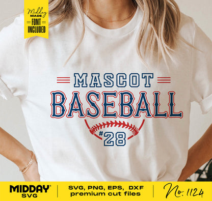White shirt with "Mascot Baseball #28" design, available in SVG, PNG, EPS, DXF formats for Cricut and Silhouette cutting machines.