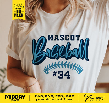 Person wearing a white t-shirt featuring a 'Mascot Baseball #34' design with a blue athletic theme, suitable for SVG crafting.