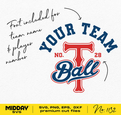 Tball team shirt design template with customizable font for Cricut and Silhouette, featuring DIY cut files in SVG, PNG, and DXF formats.