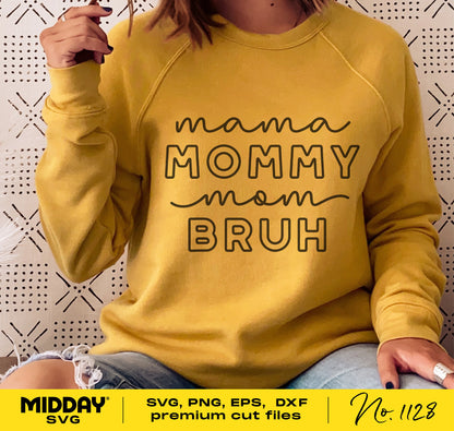Woman wearing yellow sweater with 'Mama Mommy Mom Bruh' design, ideal for Cricut and Silhouette crafting, Mother's Day gift idea.