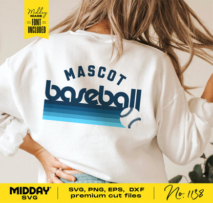 Woman wearing a shirt with 'Mascot Baseball' design, featuring a baseball graphic, suitable for Cricut and Silhouette cutting files.