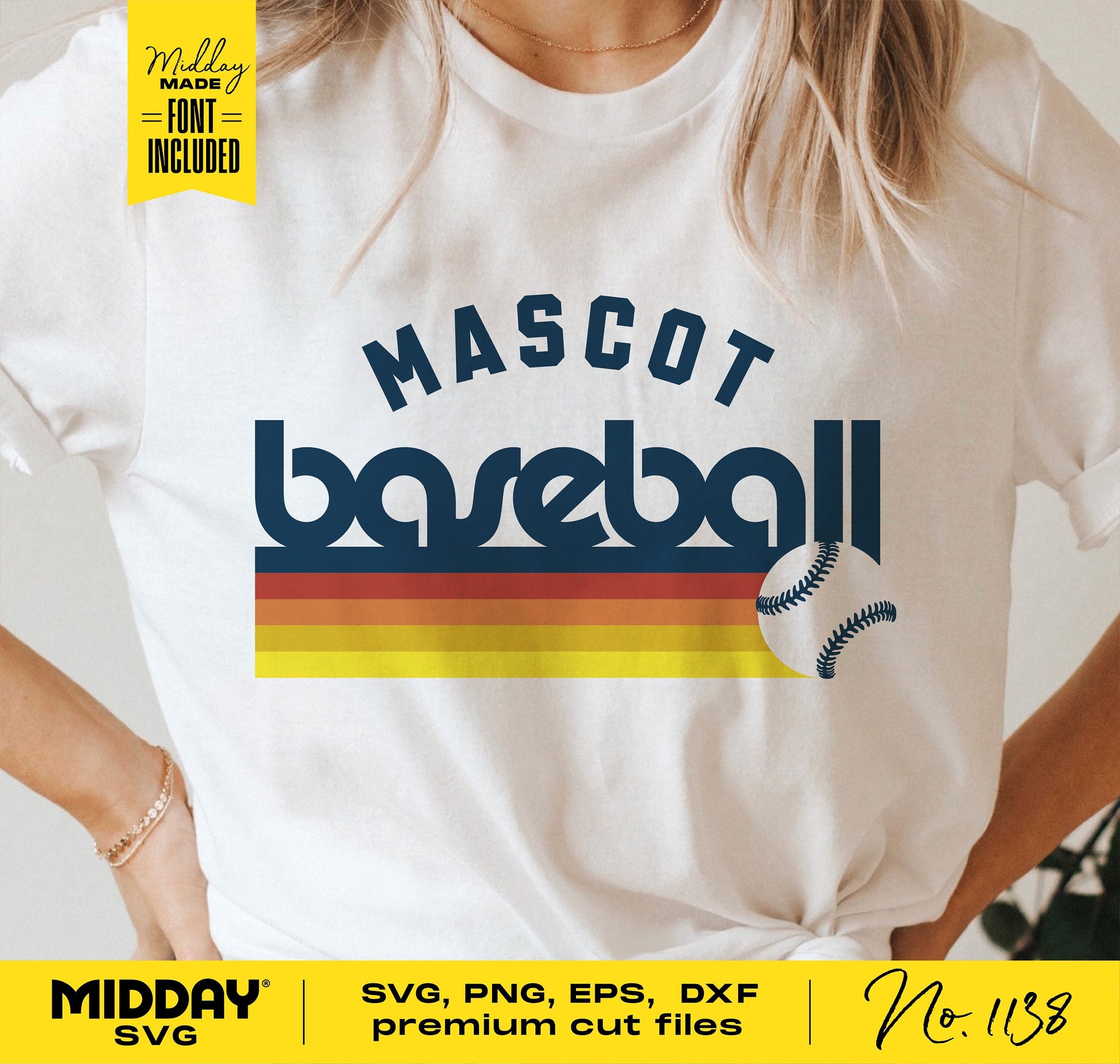White t-shirt with "Mascot Baseball" design in colorful stripes, featuring baseball image, suitable for Cricut and Silhouette cutting files.