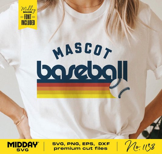 White t-shirt with "Mascot Baseball" design in colorful stripes, featuring baseball image, suitable for Cricut and Silhouette cutting files.