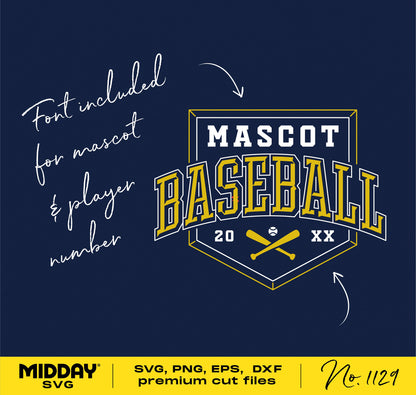 Baseball team logo design with customizable mascot font, including SVG, PNG, EPS, and DXF formats for Cricut and Silhouette.