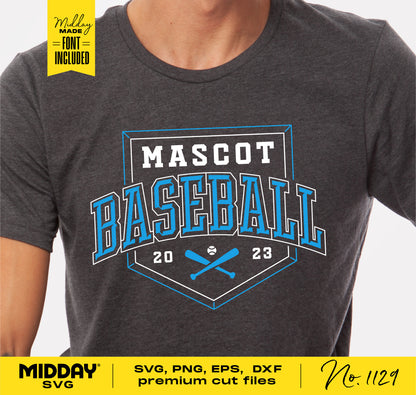 Gray t-shirt with 'Mascot Baseball 2023' logo, featuring crossed baseball bats and ball, for Cricut and Silhouette cut files.