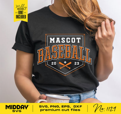 Woman wearing t-shirt with 2023 mascot baseball logo, SVG PNG DXF EPS files, ideal for Cricut and Silhouette crafting.
