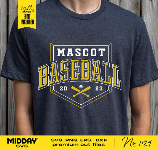 Person wearing a t-shirt with Mascot Baseball logo, mid-2023 design, showcasing SVG, PNG, EPS, DXF cut files by Midday SVG, No. 1129.