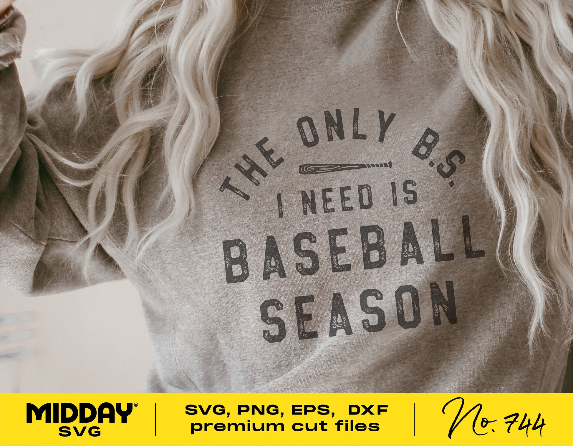 "The Only BS I Need is Baseball Season" shirt worn by woman, featuring SVG, PNG, EPS, DXF premium cut files by Midday SVG.