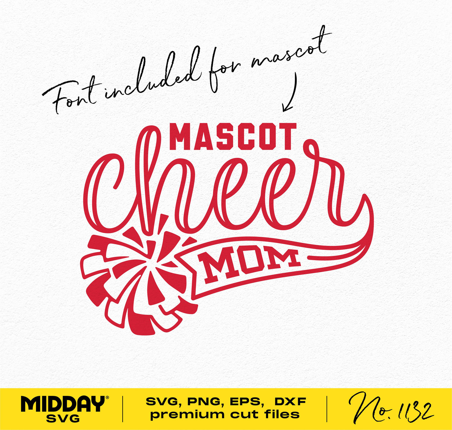 Mascot Cheer Mom SVG design with pom-pom graphic and customizable font, available in SVG, PNG, EPS, DXF for Cricut and Silhouette.