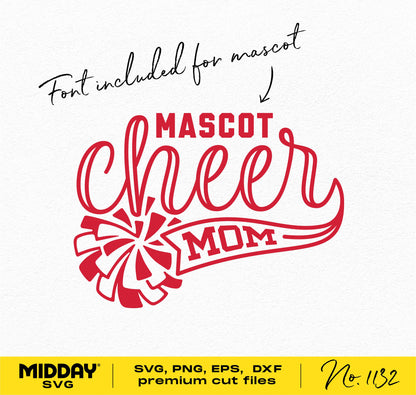 Mascot Cheer Mom SVG design with pom-pom graphic and customizable font, available in SVG, PNG, EPS, DXF for Cricut and Silhouette.