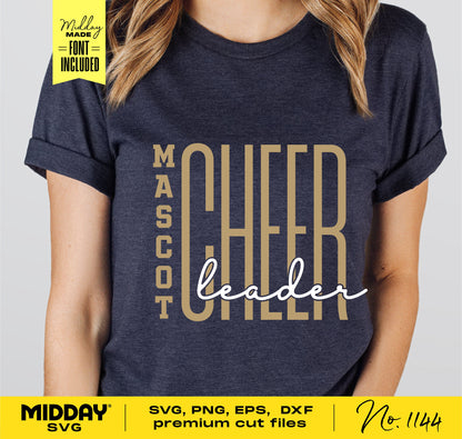 Woman wearing a shirt with "Mascot Cheerleader" design in gold and white text, suitable for Cricut and Silhouette cutting.